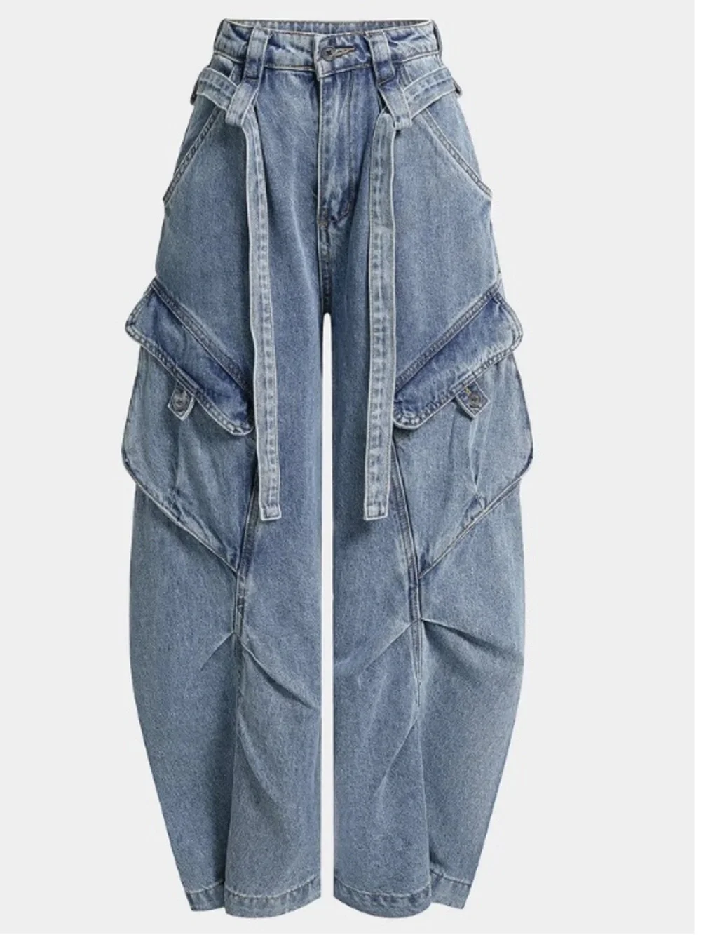 Denim Pocket Belted Wide Leg Jeans - Light Blue